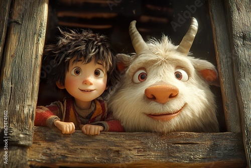 Boy and his fluffy horned friend looking through a wooden window