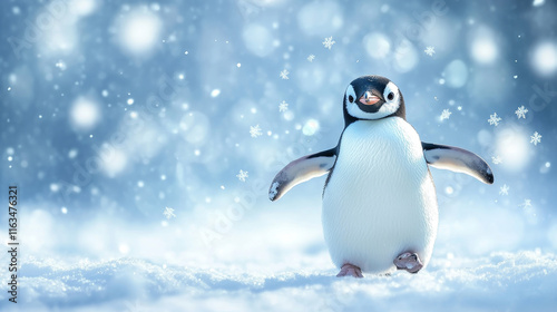 Cartoon cute funny penguin character joyfully embraces the snowfall, enjoying winter time season. Isolated vector adorable humorous baby bird personage walking outdoors catching falling snowflakes