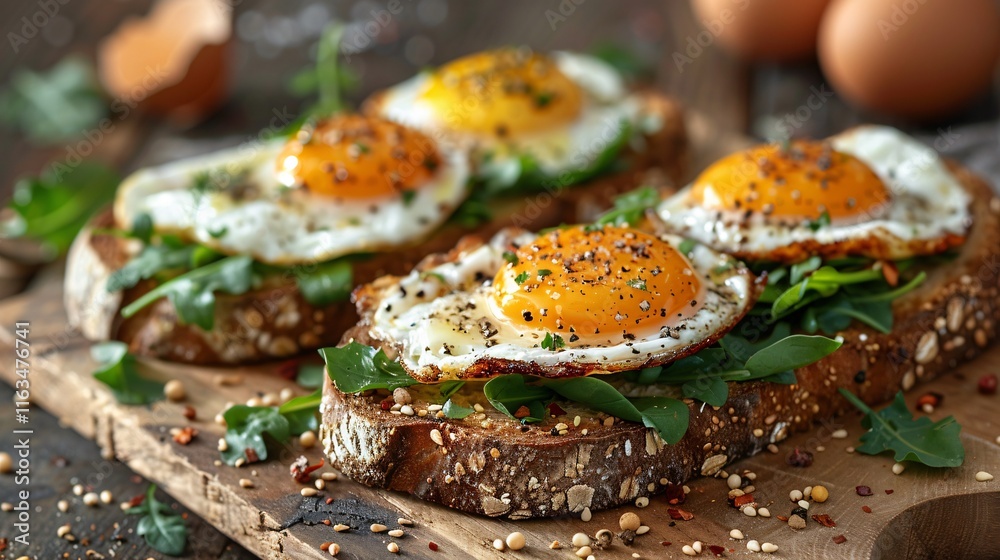 Bread with fried eggs avocado and greens close up on wooden board Bread with fried eggs avocado and greens close up on wooden board
