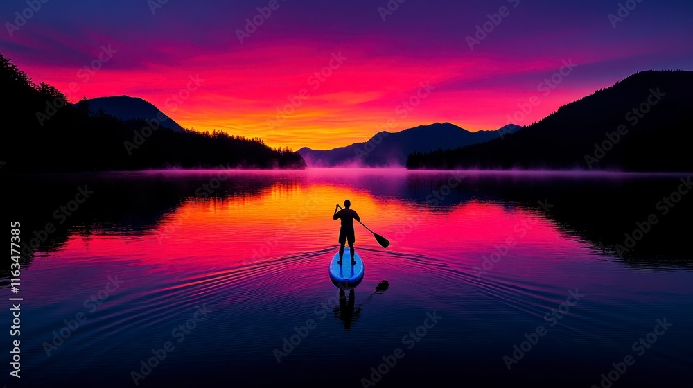 Paddleboarding at dawn on a tranquil lake, surrounded by vibrant skies and silhouette of mountains reflecting on water Paddleboarding at dawn on a tranquil lake, surrounded by vibrant skies and silhouette of mountains reflecting on water