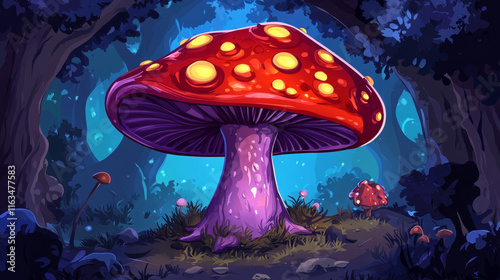 Fantasy magic plump red mushroom, vector fungus with strange cap. Unusual fairy tale ui game asset with purple stipe and bright luminous glowing hat. Natural gui interface element, cartoon alien plant photo