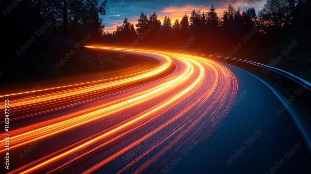 Glowing Orange Light Trails on Curved Road. Generative AI Glowing Orange Light Trails on Curved Road. Generative AI