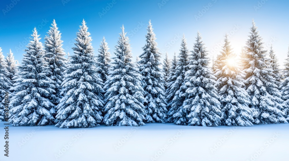Naklejka premium A serene winter landscape featuring a dense forest of snow-covered evergreen trees under a clear blue sky