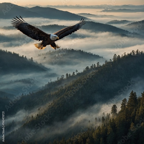 Prompt: A regal eagle soaring over a misty mountain range at dawn, with layers of peaks covered in dense forests below. photo