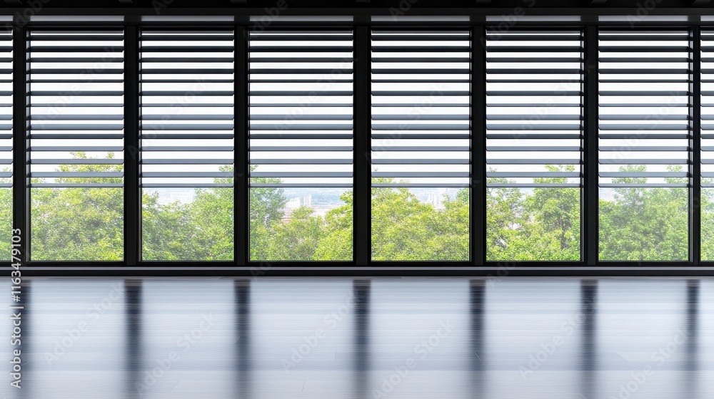 Modern empty room with large windows showcasing a serene green landscape outside, featuring stylish blinds and polished flooring Modern empty room with large windows showcasing a serene green landscape outside, featuring stylish blinds and polished flooring