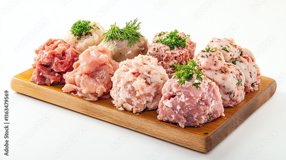 Variety of fresh minced meat on a wooden board, garnished with herbs. Variety of fresh minced meat on a wooden board, garnished with herbs.
