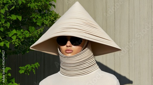 An avant-garde fashion model showcasing a unique sculptural hat and minimalist attire against a modern architectural backdrop