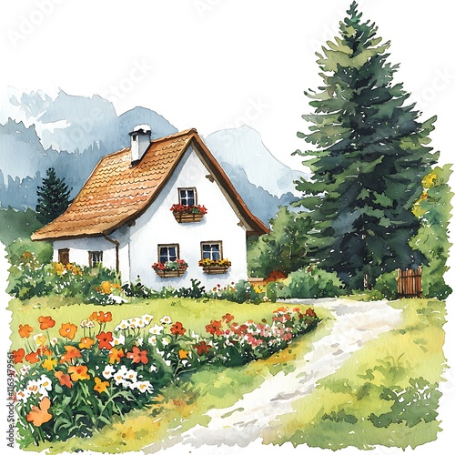 Watercolor painting of a charming white cottage nestled in a vibrant flower garden, with a majestic evergreen tree and mountain backdrop.