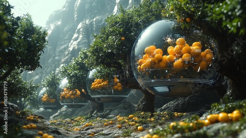 Futuristic Smart Orchard with Suspended Cultivator. Generative AI photo