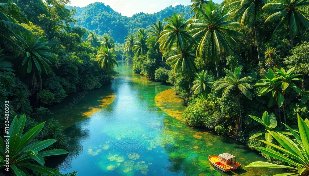 Fototapeta premium Lush Tropical River Scene With Boat And Palm Trees