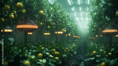 Futuristic Smart Orchard with Digital Dew Harvester. Generative AI photo