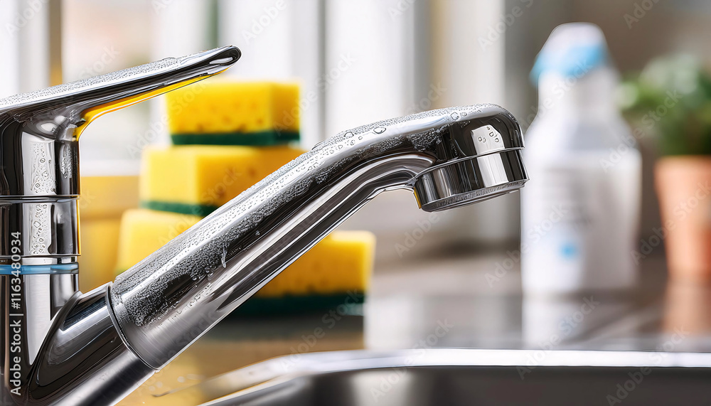 Water droplets shimmer on a freshly polished faucet as a sponge glides across its surface, enhancing the kitchen's cleanliness and inviting spring vibes into the space Water droplets shimmer on a freshly polished faucet as a sponge glides across its surface, enhancing the kitchen's cleanliness and inviting spring vibes into the space