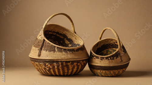 Wicker baskets in natural tones to add boho style and organization to any room. These ethno style baskets for storage, display or as a decorative accent photo