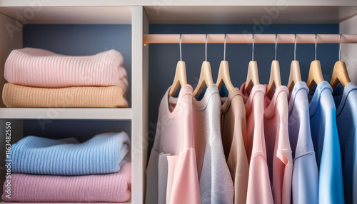 In a bright open closet, a row of pastel-colored hangers holds an assortment of neatly arranged spring outfits. Softly folded clothes rest on shelves, showcasing a tidy and refreshing ambiance photo