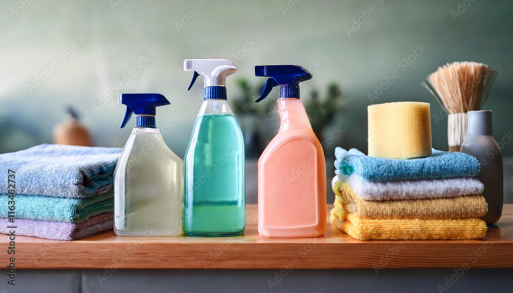 A cheerful display of glass containers filled with various cleaning solutions is set against a soft backdrop, highlighting towels ready for spring cleaning. The scene embodies tidiness and renewal
