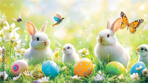 Easter bunnies and chicks with eggs, vector religion holiday. Easter rabbits and chickens with painted eggs on spring field with green grass blades, crocus and lily flowers, butterflies, swallow birds photo