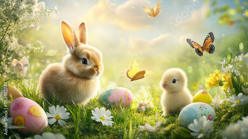 Easter bunnies and chicks with eggs, vector religion holiday. Easter rabbits and chickens with painted eggs on spring field with green grass blades, crocus and lily flowers, butterflies, swallow birds photo