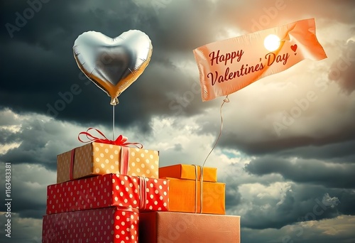 Gift boxes with heart balloon floating it the sky, Happy Valentine's Day banners, paper art style