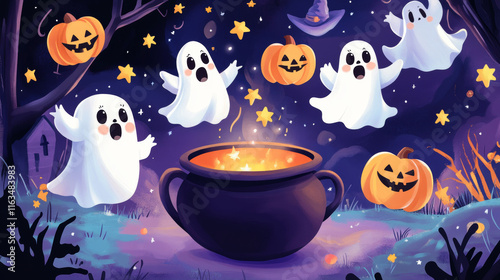 Cartoon kawaii ghosts near Halloween cauldron. Spooky holiday night monsters vector characters flying around witch potion pot with trick or treat pumpkin basket and stars, Halloween holiday poster photo