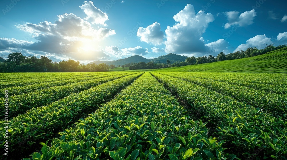 Serene Tea Plantation at Sunset Lush Green Rows and Rolling Hills Serene Tea Plantation at Sunset Lush Green Rows and Rolling Hills