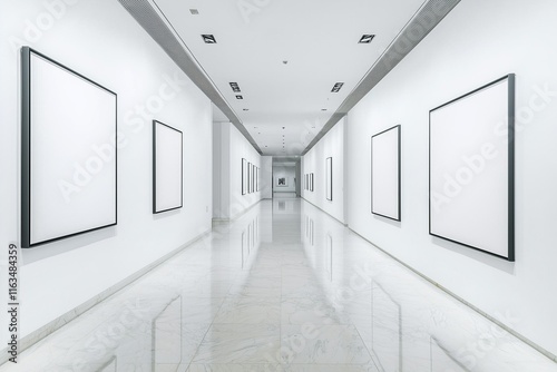 Art gallery scene with hyper-realistic style, white walls, blank frames.