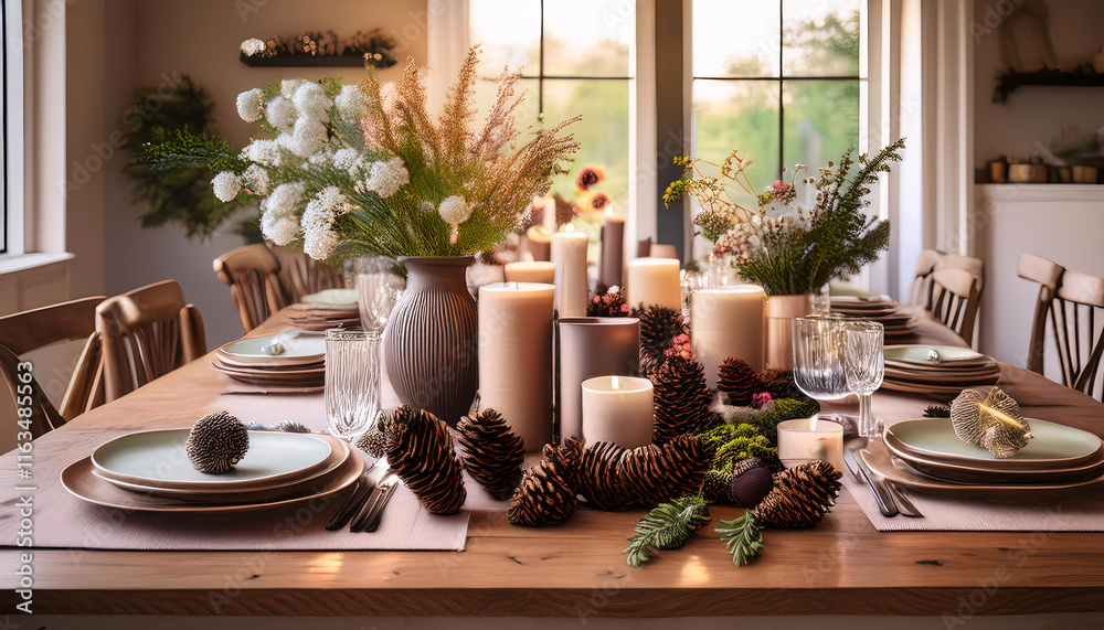 A rustic table filled with a harmonious mix of seasonal decor, featuring pinecones and dark candles, invites a spirit of spring cleaning and renewal within a sunny, warm setting A rustic table filled with a harmonious mix of seasonal decor, featuring pinecones and dark candles, invites a spirit of spring cleaning and renewal within a sunny, warm setting