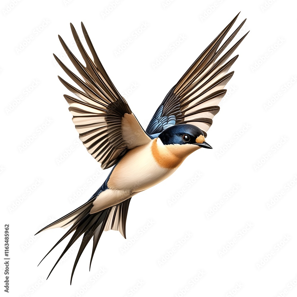 Naklejka premium A vibrant illustration of a bird, likely a swallow or similar species, in mid-flight against a pure white background.