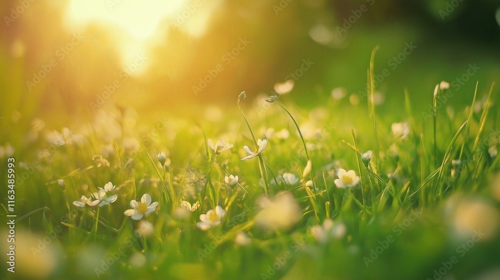 Obraz premium A field of white flowers is in full bloom, with the sun shining brightly on them