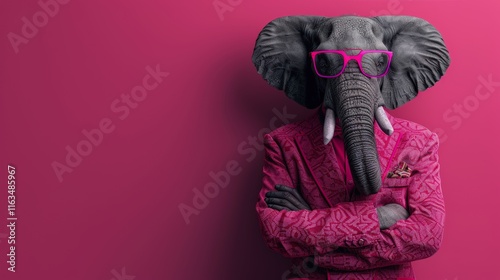 Stylish Elephant Dressed in Vibrant Pink Suit and Glasses Against a Coordinated Pink Background Showcasing Whimsical Creativity    Elephant