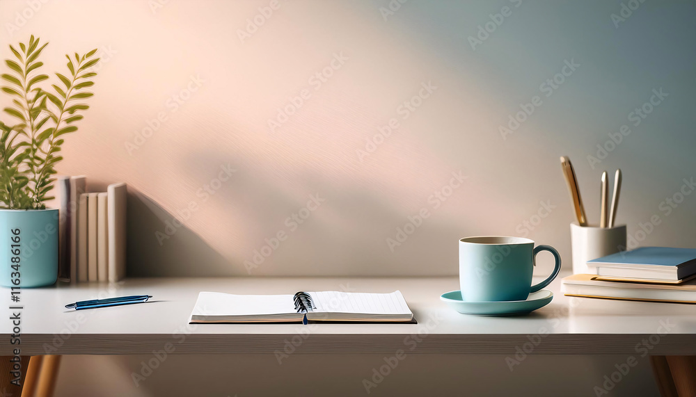 A serene desk setup features a neatly placed notebook and pen beside a soft blue coffee cup, surrounded by hints of spring. The atmosphere inspires mindfulness and organization A serene desk setup features a neatly placed notebook and pen beside a soft blue coffee cup, surrounded by hints of spring. The atmosphere inspires mindfulness and organization