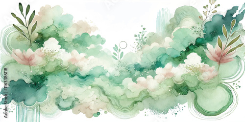 Soft Abstract Watercolor Background with Green and Peach Tones