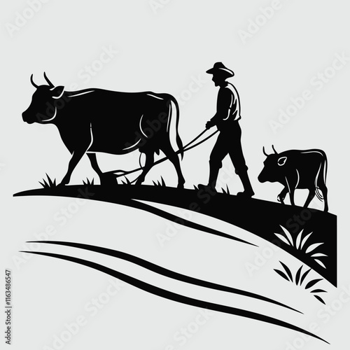 Farmer plow his field by cow silhouette design art and illustration
