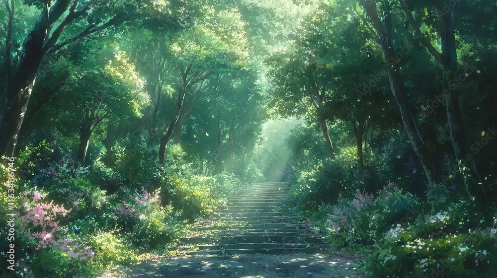 Obraz premium Whimsical cartoon forest animation background featuring lush green trees, playful anime elements, magical atmosphere, and vibrant nature scenes in a colorful cartoon and anime style