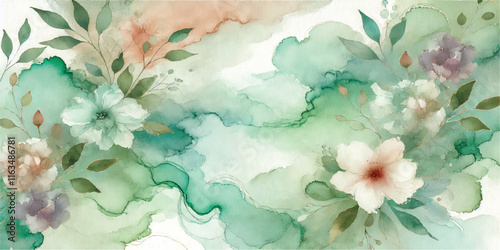 Soft Abstract Watercolor Background with Green and Peach Tones
