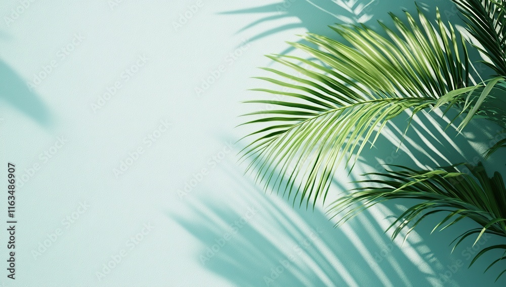Obraz premium Palm Leaves Cast Shadows on a Teal Wall: Summer Vibes and Tropical Aesthetic Background