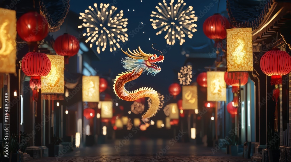 Fototapeta premium Festive Dragon Fireworks and Lanterns Chinese New Year Celebration
