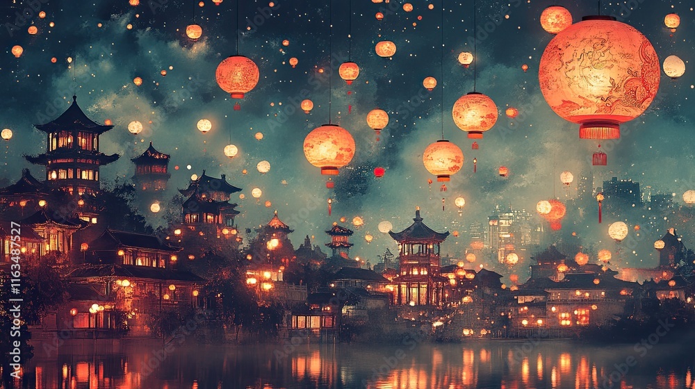 Illuminated Asian town at night with floating lanterns. Illuminated Asian town at night with floating lanterns.