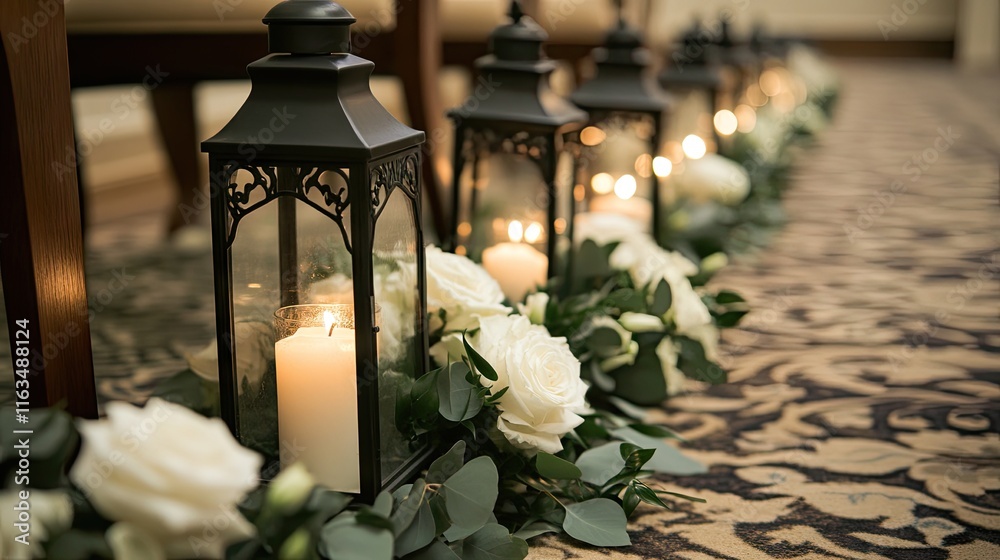 Obraz premium Candle Lanterns with White Roses on Elegant Carpeted Aisle