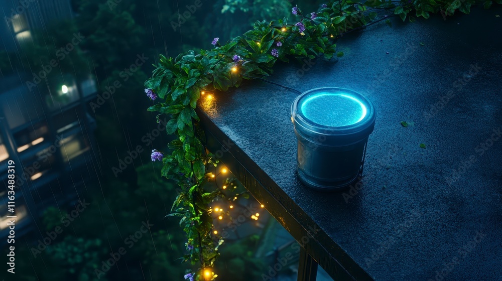 A glowing paint bucket resting on a rain-soaked balcony surrounded by lush greenery and warm fairy lights