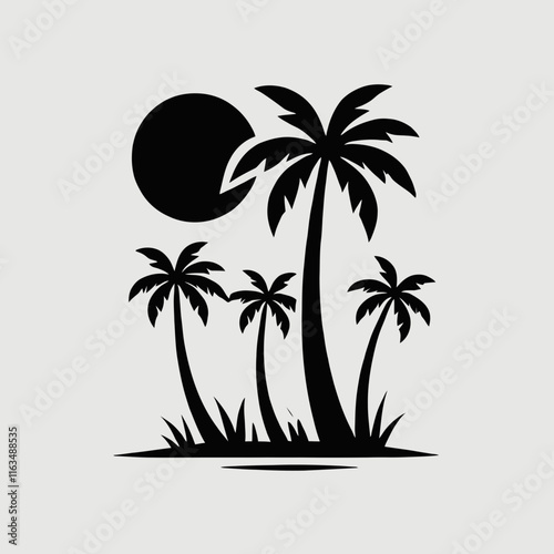 very simple, flat, and minimalist silhouette of a palm tree in black on a white background