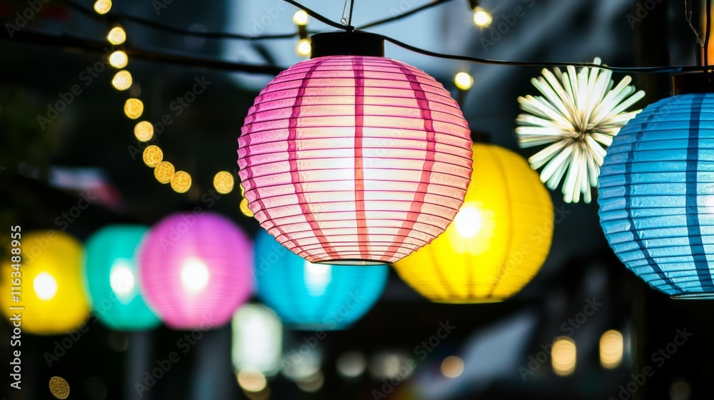 Obraz premium Glowing Paper Lanterns Festive Lights Night Market Decor