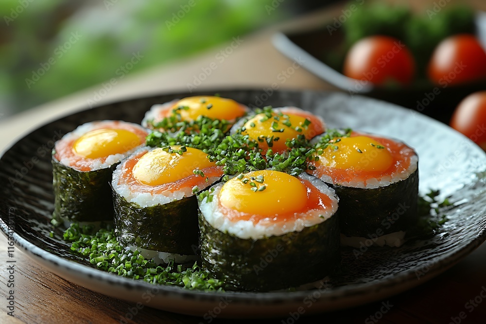 Delicious Salmon Sushi Rolls Topped With Egg Yolk Delicious Salmon Sushi Rolls Topped With Egg Yolk