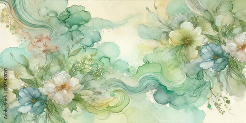 Soft Abstract Watercolor Background with Green and Peach Tones