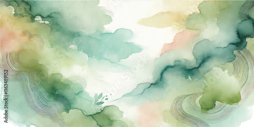 Soft Abstract Watercolor Background with Green and Peach Tones