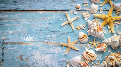 Vibrant coastal-themed arrangement of seashells and starfish on a rustic blue wooden surface for beach-inspired decor and summer design projects photo