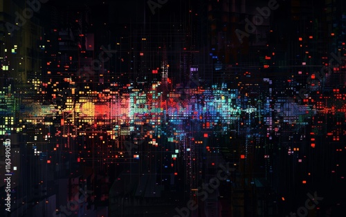 Vibrant abstract digital cityscape with colorful geometric patterns. Futuristic technology design, city grid theme, high-tech dynamic visual. photo