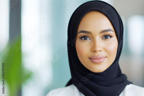 Portrait of a confident woman wearing a hijab with a soft-focus green background. Represents strength, identity, and elegance, combining culture and modernity. photo