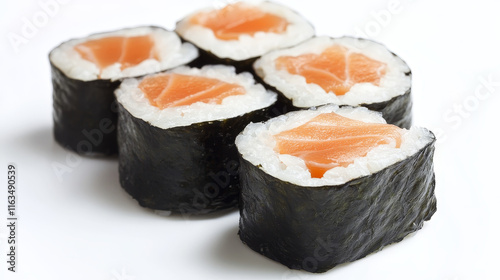 Japanese sushi symbol of asian seafood restaurant. Sushi roll filled with salmon fish and rice, served with soy sauce icon for sushi bar emblem, japanese cuisine menu design. photo