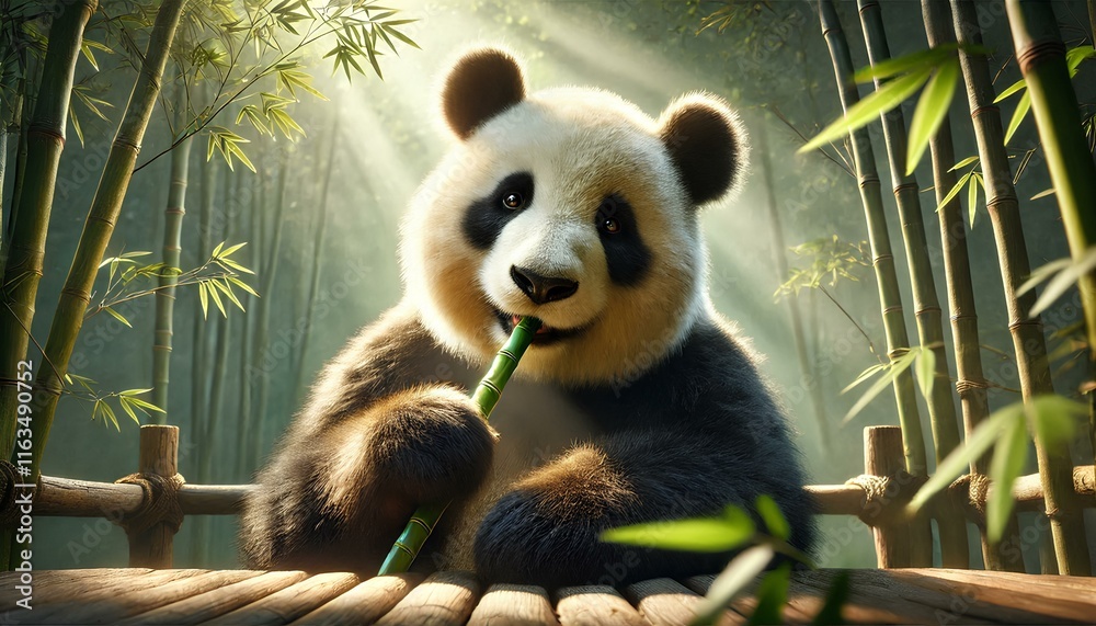 Obraz premium Serene Panda Chewing Bamboo Under Soft Sunlight