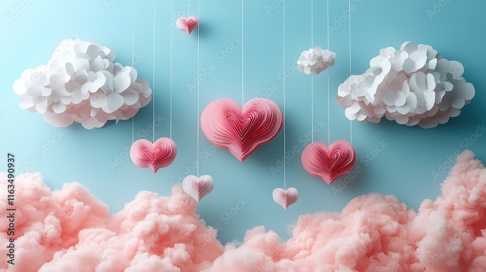 Fototapeta premium Romantic Paper Hearts and Clouds: A Valentine's Day Dream